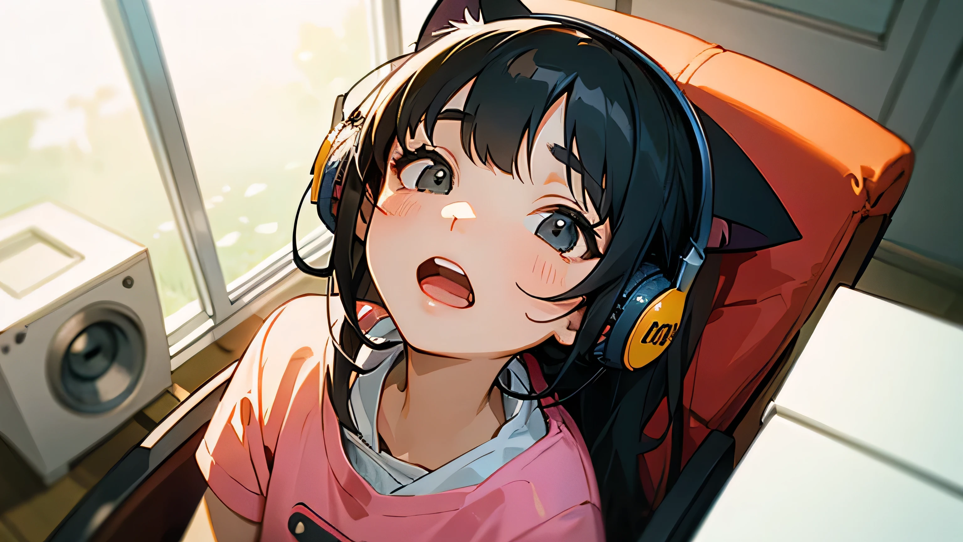 Room with speakers、Cat with headphones、Face close-up、noon、Black Hair、Looking up with open mouth、Sitting in a chair