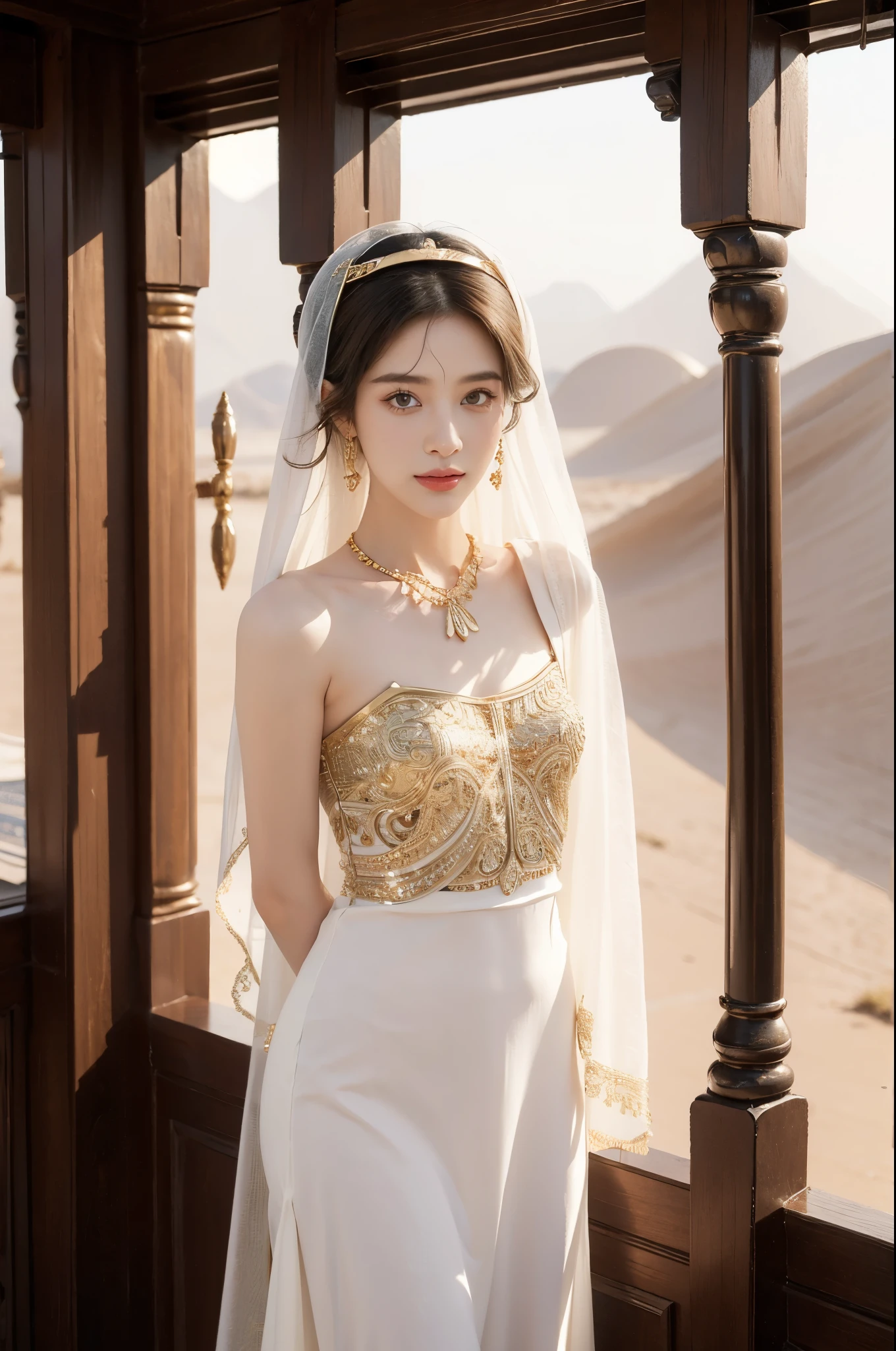 (((best quality))),(((ultra detailed))),(((masterpiece))),illustration,1girl, solo,princess, Arabic,slim,thin, ((palace, desert)),gold, gemstones,headscarf, veil on face,white sheer traditional clothing, hairband, deep eyes, elegant face, subtle smile,earrings,necklace,slender legs,sunlight, shining, serene, environment,day scene,out door,standing,from front,((small breasts,flat chest,arms behind back))
