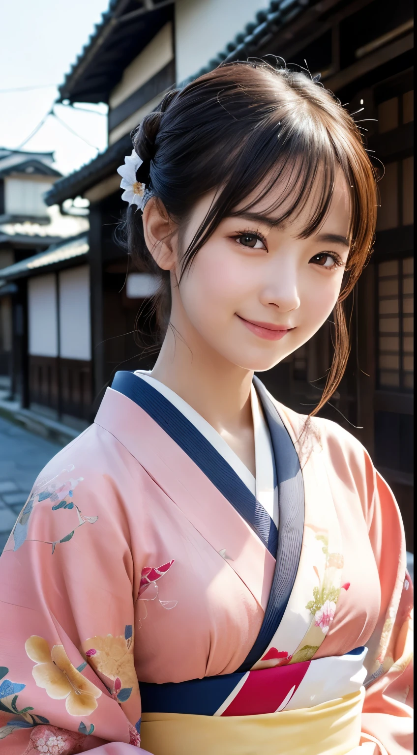 Professional Lighting,(Photorealistic:1.4), (Top image quality:1.0), (超A high resolution:1.0), 8K, Raw photography, (masterpiece:0.2), (Facing the children_v1:0.5)、(最高quality Detail:1.2)、Realistic、8K Ultra HD、High resolution、(1 girl:1.2)、超detailedな、High quality textures、複雑なdetailed、detailed、Very detailed CG、High quality shadows、detailed 美しく繊細な顔、Beautiful details and a delicate eye、(Symmetrical eyes:1.2),Written boundary depth、Ray Tracing,1 girl, Japanese Girls, (Natural smile:1.4),cute, thin, Portrait of a beautiful Japanese woman in a kimono, Standing elegantly on a street corner in Kyoto. Kimono with vibrant traditional patterns, Hair decorated with elegant and delicate hairpins, Gentle expression. (With the old streets of Kyoto in the background:1.4)、The soft light of a spring afternoon、Adding tranquility to the scene. Rendered in a Realistic style with great attention to detail, High resolutionの画像.Sky Porn, Magic Hour, (Realistic:1.3), finely, quality, (Tabletop:1.2), (Realistic:1.2), (最高quality), (複雑なdetailed), dramatic, Ray Tracing, photograph, +roller