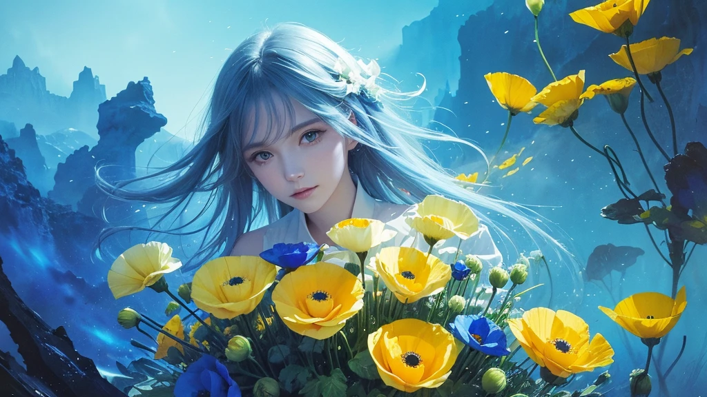 32k, Masterpiece, Highest quality, One girl, Detailed eyes, flower,Iceland Poppy, Blue and yellow style,A dreamy, romantic piece,Pale yellow, Mysterious Leaves,A playful arrangement,Fantasy,High Contrast,Ink strokes,explosion,Exposure, Impression of blue and yellow tones,Abstract,((Watercolours by John Berkey and Jeremy Mann )) Brush strokes,Negative Space, Tyndall effect,