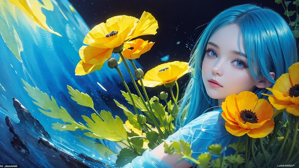 32k, Masterpiece, Highest quality, One girl, Detailed eyes, flower,Iceland Poppy, Blue and yellow style,A dreamy, romantic piece,Pale yellow, Mysterious Leaves,A playful arrangement,Fantasy,High Contrast,Ink strokes,explosion,Exposure, Impression of blue and yellow tones,Abstract,((Watercolours by John Berkey and Jeremy Mann )) Brush strokes,Negative Space, Tyndall effect,