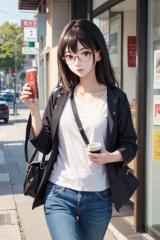 Highest quality、masterpiece、High sensitivity、High resolution、Detailed Description、Slender women、Slim Body、Glasses、Casual clothes、While walking happily、On a date、