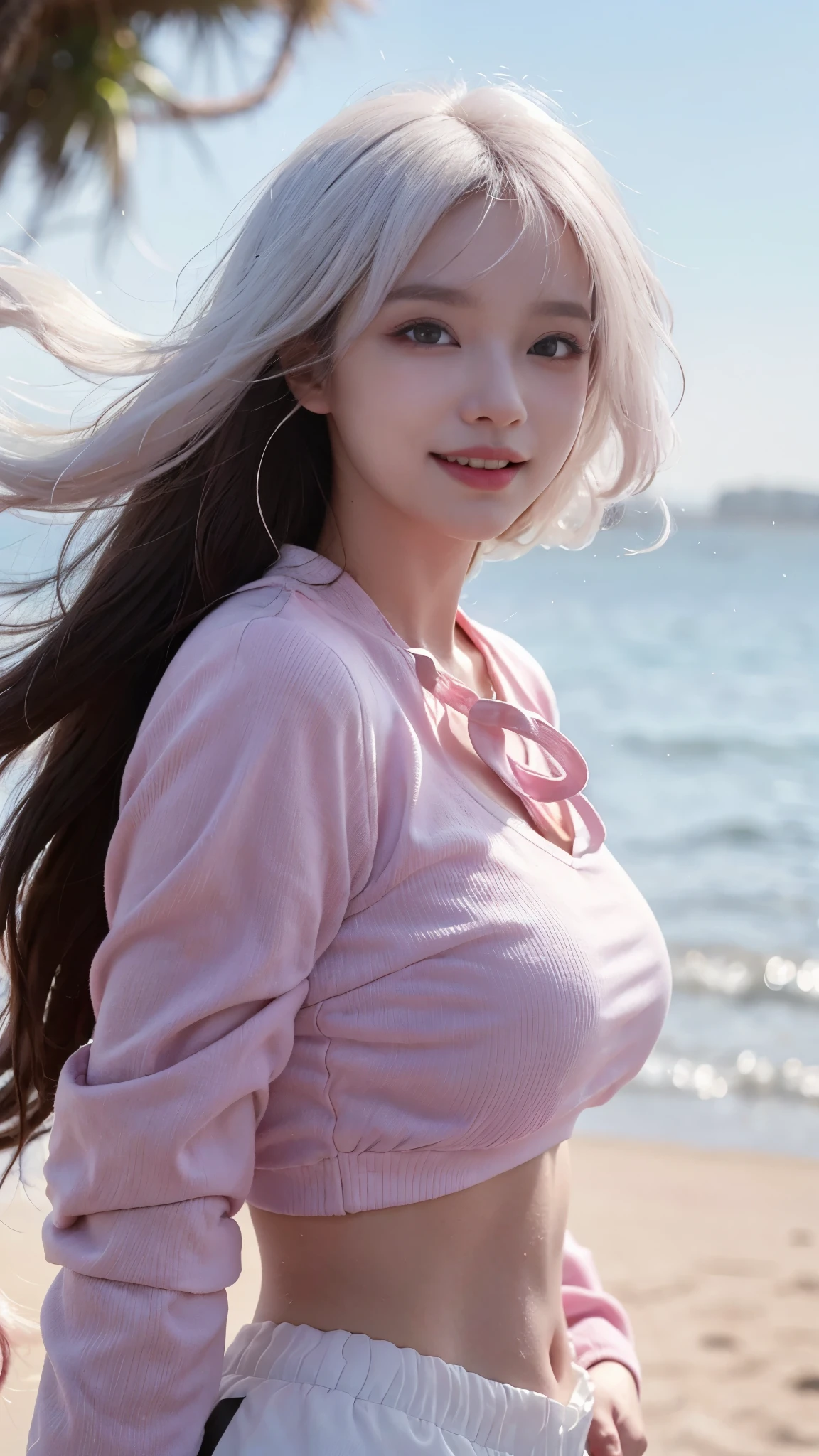 Best image quality、RAW photos、Super high resolution、21-year-old Korean、big bust、dynamic angle、cowboy shot、Chaos in its most beautiful form、elegant、brutal design、vivid colors、Beautiful black hair、short bob、laugh、funny、laugh、Radiant white skin、Beautiful eyes with random colors、very thin lips、Beautiful Eyes in Every Detail、 narrow eyes、Cheeks are light pink、eyelash length、Your double eyelids are pretty、eye shadow、bright white hair、crop top、lightweight see-through jacket、harem pants、sands、Taken from diagonally below、low angle、The wind blows、hair is fluttering、feel better、full body photo