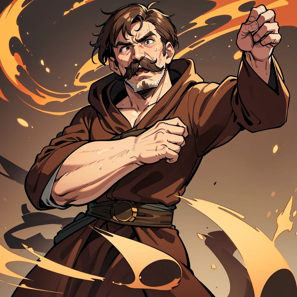 Highest quality, Best Quality,Best illustrations、middle ages、(((Simple brown robe)))、(40-year-old uncle、Kaiser moustache)、(Surprised、Surprise、Sweat)、Dramatic Angle、(Fighting stance、Movement angle、Flighting Pose)、(Black leather shoes)