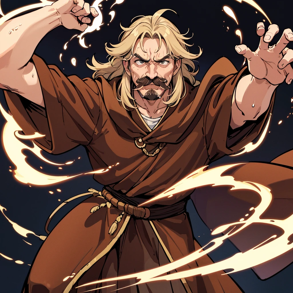 ((((Solo))))、Highest quality, Best Quality,Best illustrations、middle ages、(((Simple brown robe)))、(40-year-old uncle、mature、Kaiser moustache)、(rage、Sweat)、dance