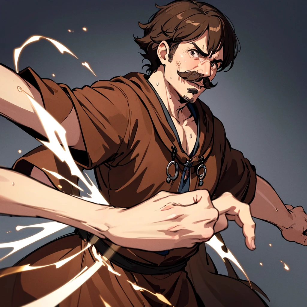 ((((Solo))))、Highest quality, Best Quality,Best illustrations、middle ages、(((Simple brown robe)))、(40-year-old uncle、mature、Kaiser moustache)、(rage、Sweat)、dance