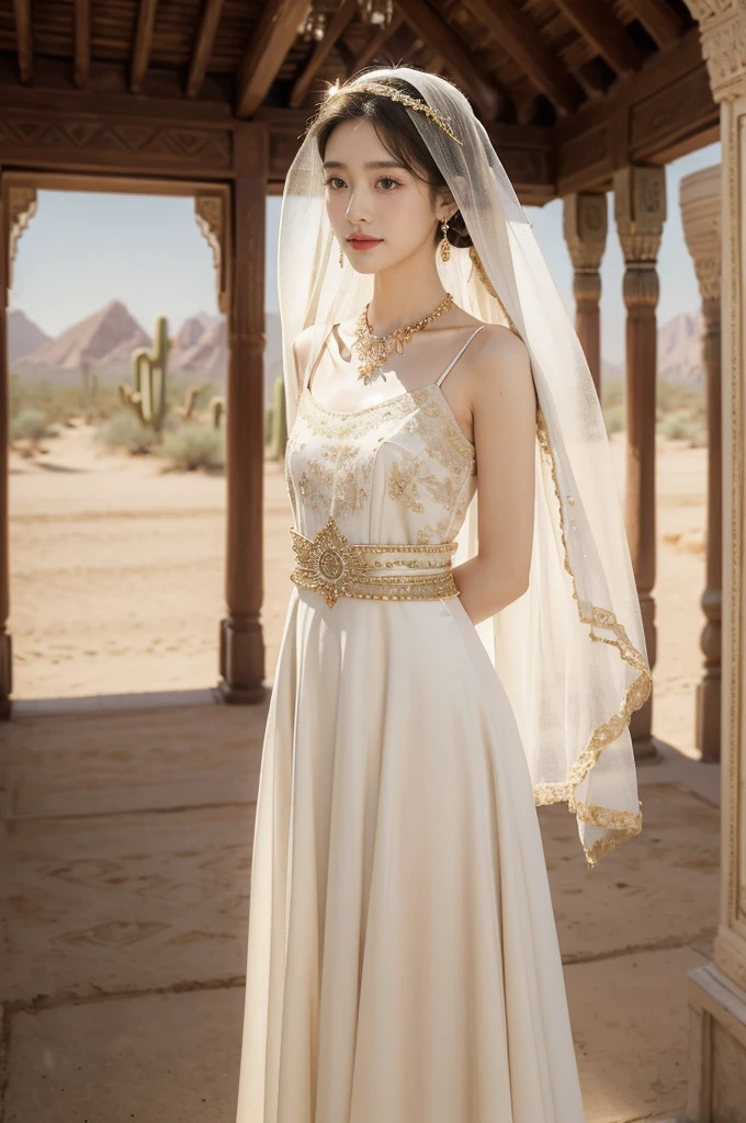 (((best quality))),(((ultra detailed))),(((masterpiece))),illustration,1girl, solo,princess, Arabic,slim,thin, ((palace, desert)),gold, gemstones,headscarf, veil on face,white sheer traditional clothing, hairband, deep eyes, elegant face, subtle smile,earrings,necklace,slender legs,sunlight, shining, serene, environment,day scene,out door,standing,from front,((small breasts,flat chest,arms behind back))