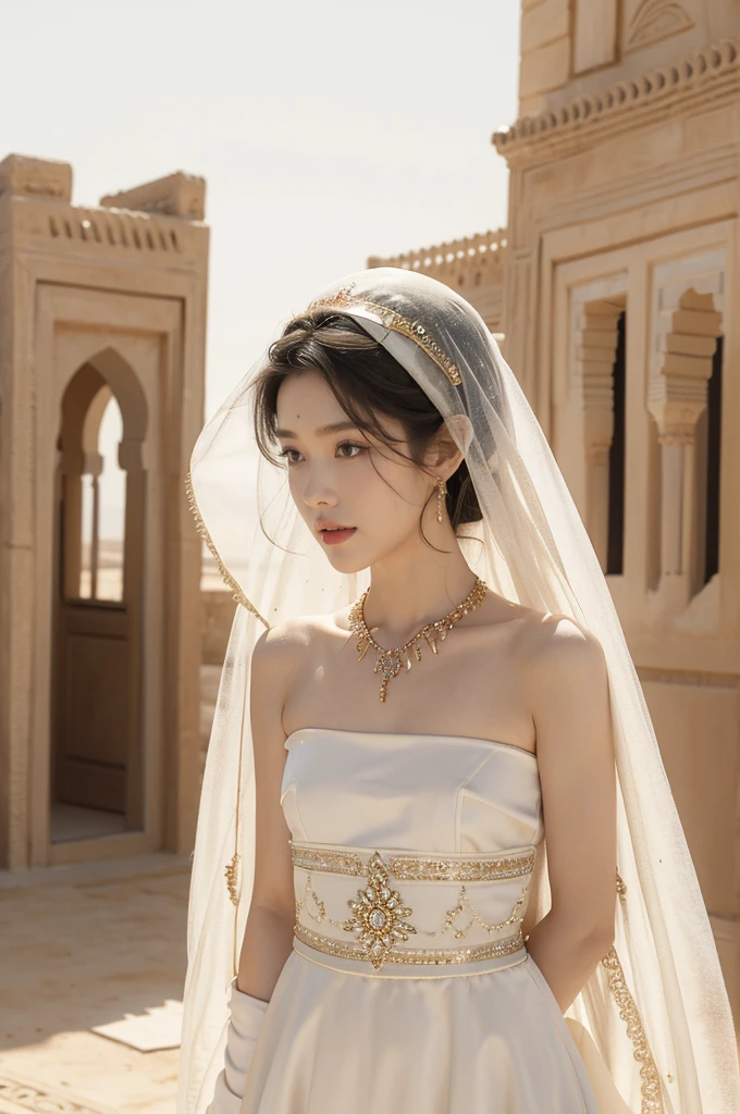 (((best quality))),(((ultra detailed))),(((masterpiece))),illustration,1girl, solo,princess, Arabic,slim,thin, ((palace, desert)),gold, gemstones,headscarf, veil on face,white sheer traditional clothing, hairband, deep eyes, elegant face, subtle smile,earrings,necklace,slender legs,sunlight, shining, serene, environment,day scene,out door,standing,from front,((small breasts,flat chest,arms behind back))