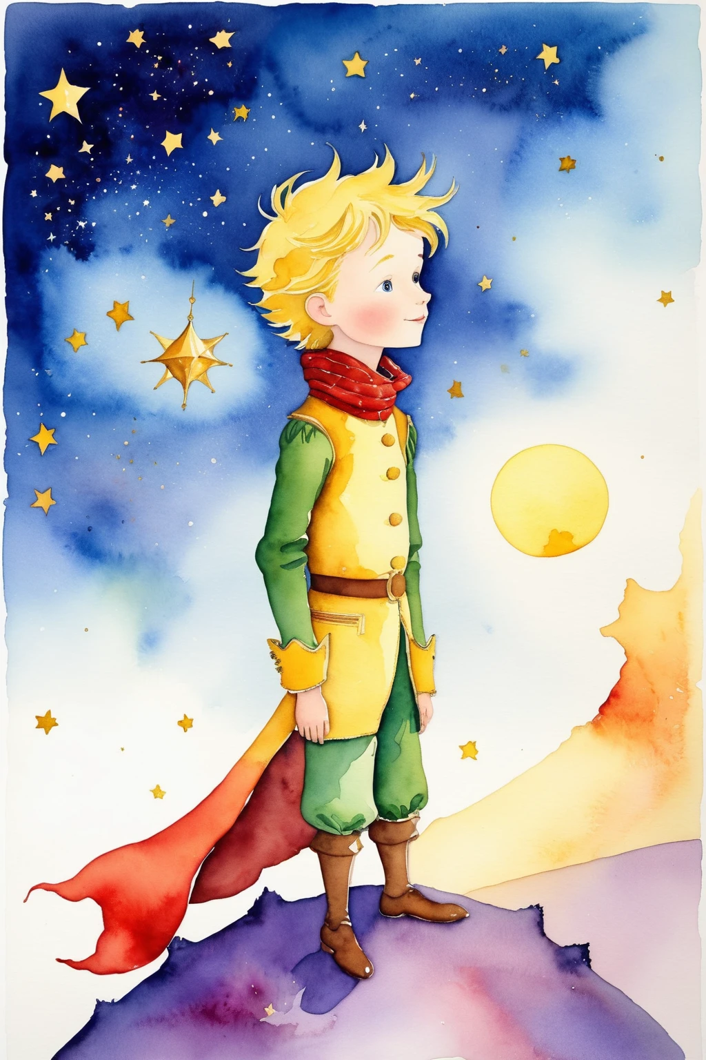Watercolor painting,"The Little Prince's Starry Night" In this sea of stars,a pair of small gentle hands caressing the moon,how to take care of delicate life,the little prince is using his true and sincere dialogue with the stars and the moon. Moonlight bloomed on his palm like the beginning of a dream,taking us to a warm and mysterious world. Every breath of the little prince is full of curiosity and longing for the unknown world,and the stars around you are as mysterious and dazzling as your inner world. Neste momento,the little prince and the moon and starlight intertwined in resonance,played an eternal song from the heart. The little prince's delicate rose looked at him with his head bowed,
