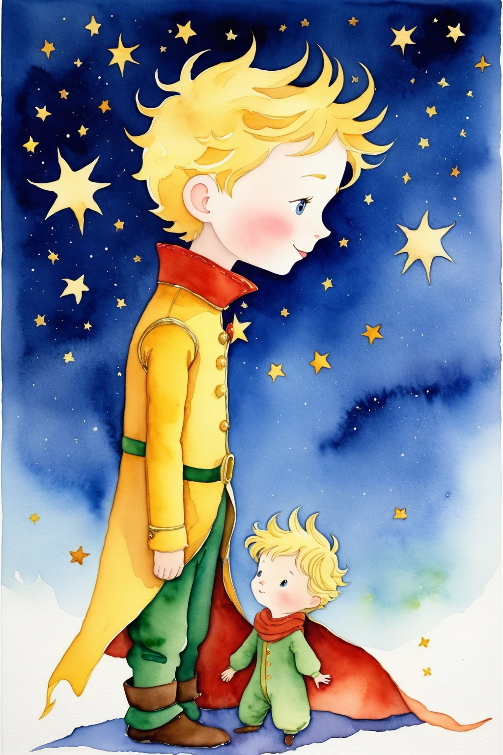 Watercolor painting,"The Little Prince&#39;s Starry Night" In this sea of stars,a pair of small gentle hands caressing the moon,how to take care of delicate life,the little prince is using his true and sincere dialogue with the stars and the moon. Moonlight bloomed on his palm like the beginning of a dream,taking us to a warm and mysterious world. Every breath of the little prince is full of curiosity and longing for the unknown world,and the stars around you are as mysterious and dazzling as your inner world. Neste momento,the little prince and the moon and starlight intertwined in resonance,played an eternal song from the heart. The little prince&#39;s delicate rose looked at him with his head bowed,