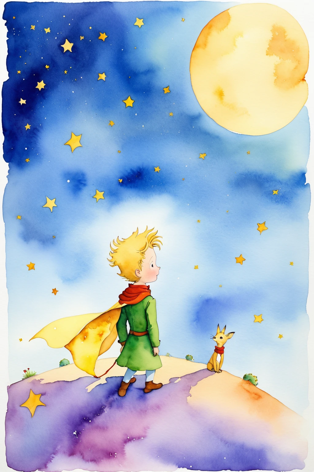 Watercolor painting,"The Little Prince&#39;s Starry Night" In this sea of stars,a pair of small gentle hands caressing the moon,how to take care of delicate life,the little prince is using his true and sincere dialogue with the stars and the moon. Moonlight bloomed on his palm like the beginning of a dream,taking us to a warm and mysterious world. Every breath of the little prince is full of curiosity and longing for the unknown world,and the stars around you are as mysterious and dazzling as your inner world. Neste momento,the little prince and the moon and starlight intertwined in resonance,played an eternal song from the heart. The little prince&#39;s delicate rose looked at him with his head bowed,