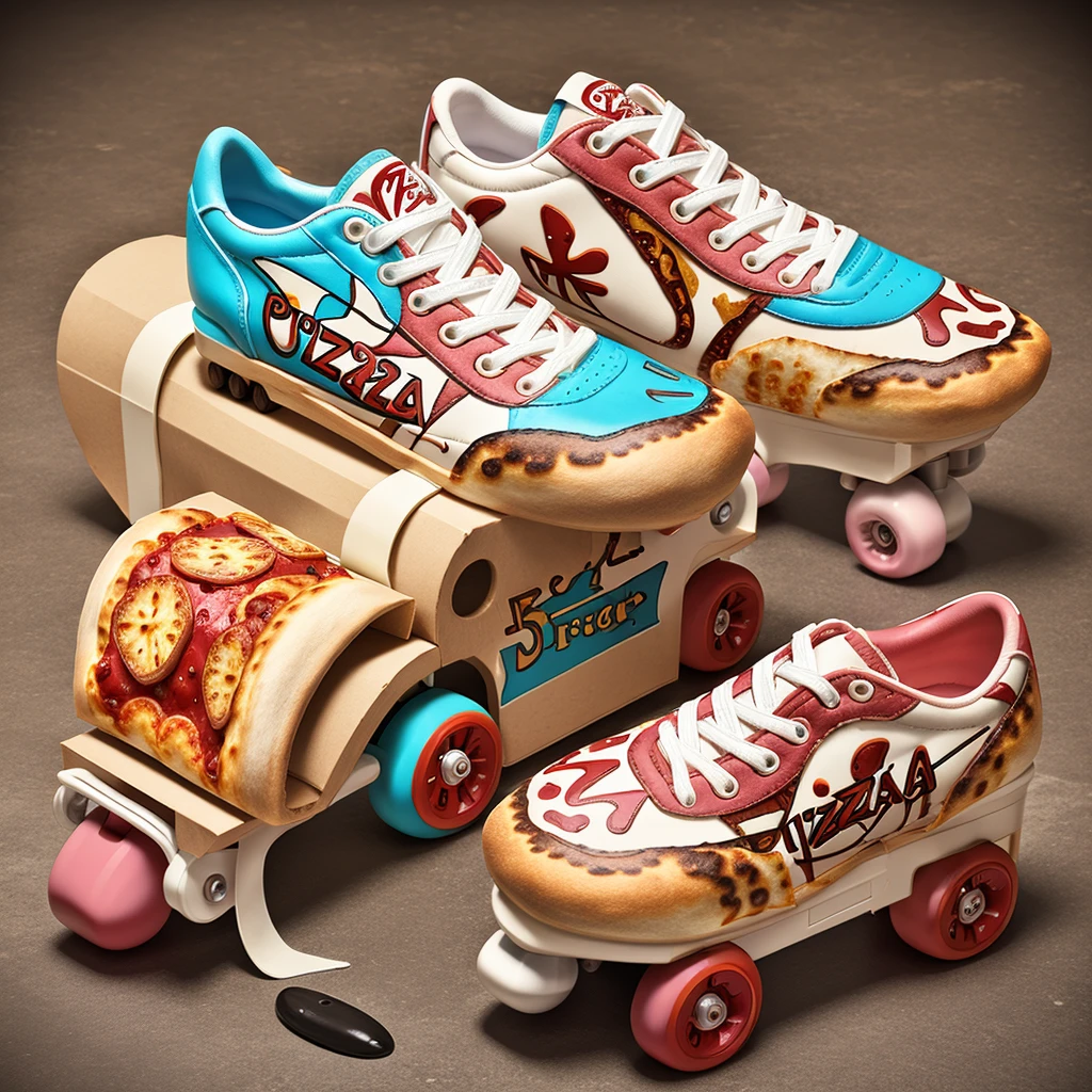 ((pizza-themed rollerskates:1.1))