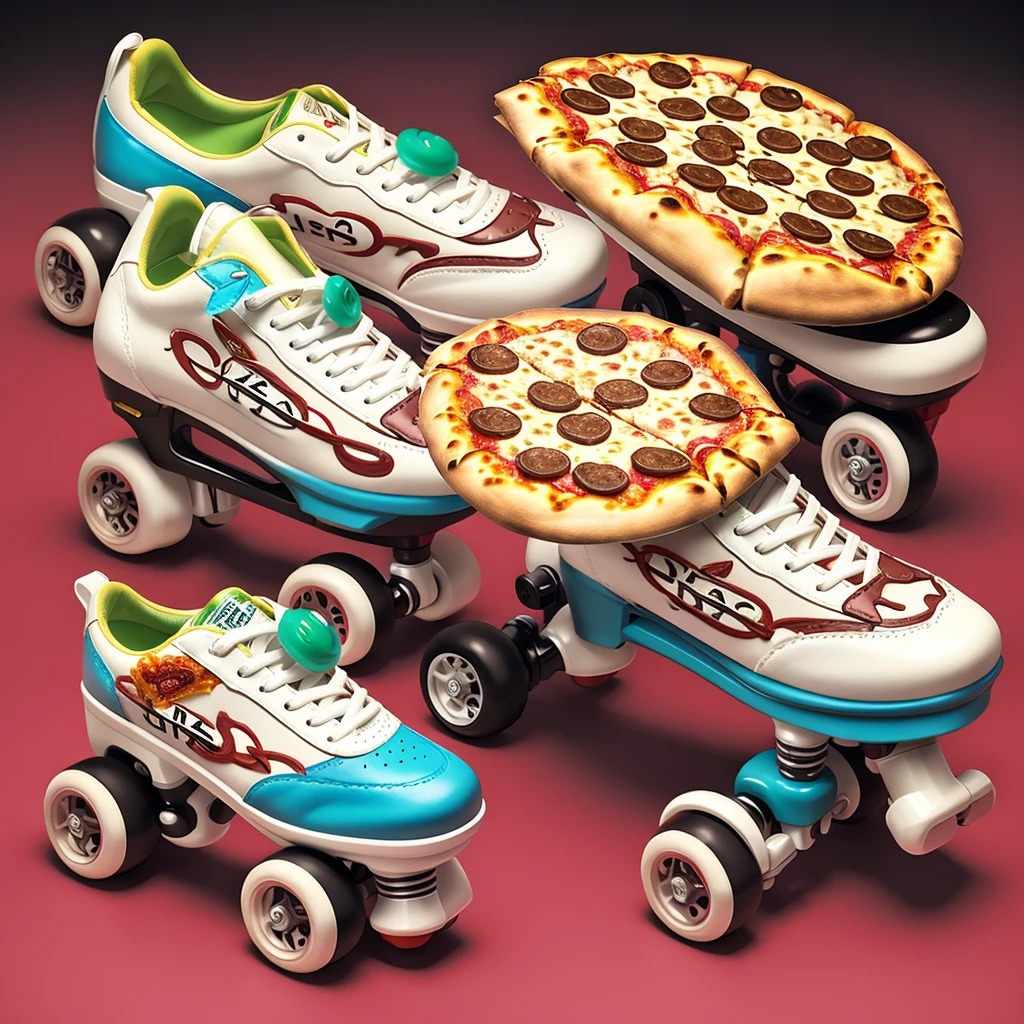 ((pizza-themed rollerskates:1.1))