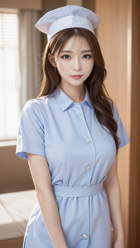 (masterpiece, Highest quality:1.2),alone,The eyes are exquisite and delicate,Long auburn hair、Pink Lips,blue eyes,Big Breasts、Wavy Hair、White nurse uniform、White nurse hat、Japanese
