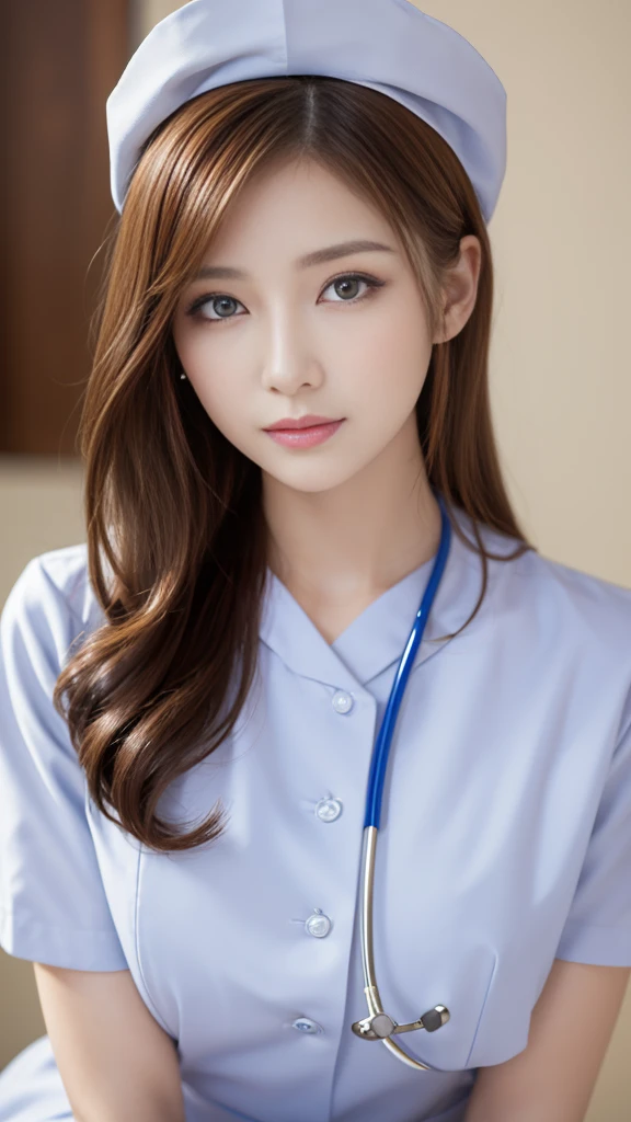 (masterpiece, Highest quality:1.2),alone,The eyes are exquisite and delicate,Long auburn hair、Pink Lips,blue eyes,Big Breasts、Wavy Hair、White nurse uniform、White nurse hat、Japanese