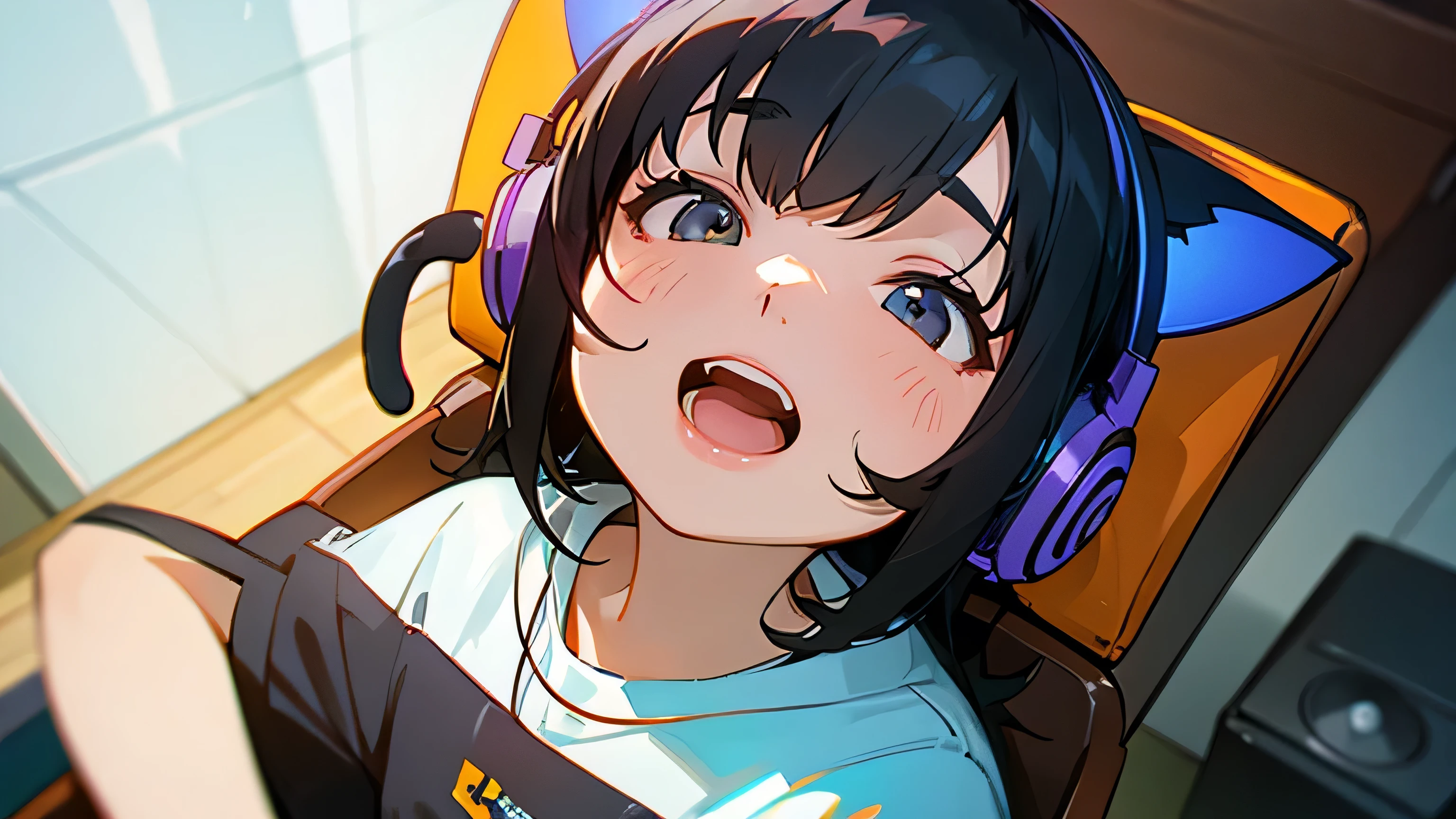 Room with speakers、Cat with headphones、Face close-up、noon、Black Hair、Looking up with open mouth、Sitting in a chair