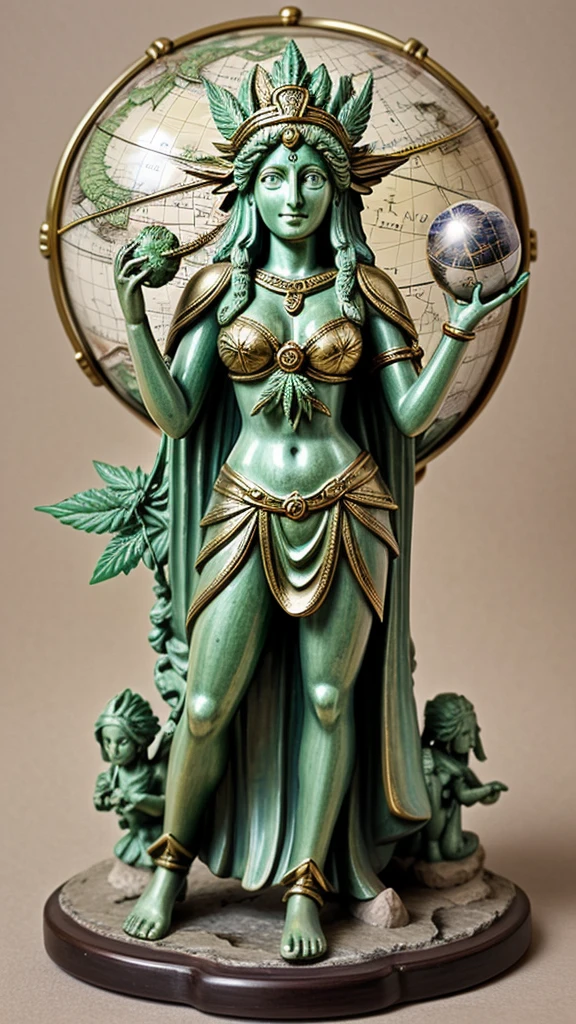 the sculpture of the goddess of justice Temis, holding the globe with a map of Brazil in her right hand and a Cannabis leaf in her other left hand