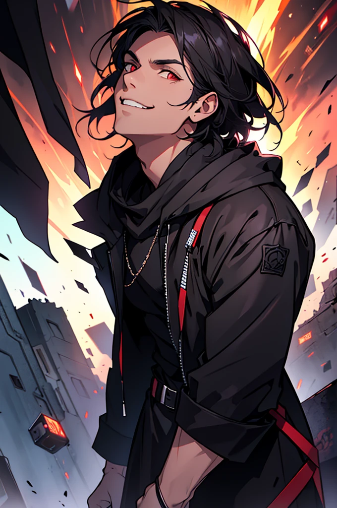 (Absurd, High resolution, Ultra-detailed), masterpiece, Highest quality, A man wearing black clothes and a black cloak, Has a black hole ,Holding a black hole in hand , 公式characterアート, short hair, Black Hair, Black red glowing eyes, Finely grained, Spiky Hair, City in Ruins, Dark Background, Black Swirl, Black swirl, Looking up from below, Looking up, Grin, character
