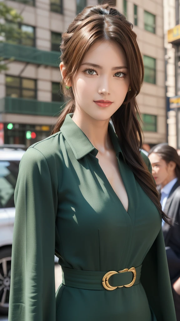 woman((30 years old)), hair((Wavy, golden brown)), eye((smart eye, green)), Clothes((New York Fashion Week, light green)),  smile, Show your chest, ponytail, accessories,