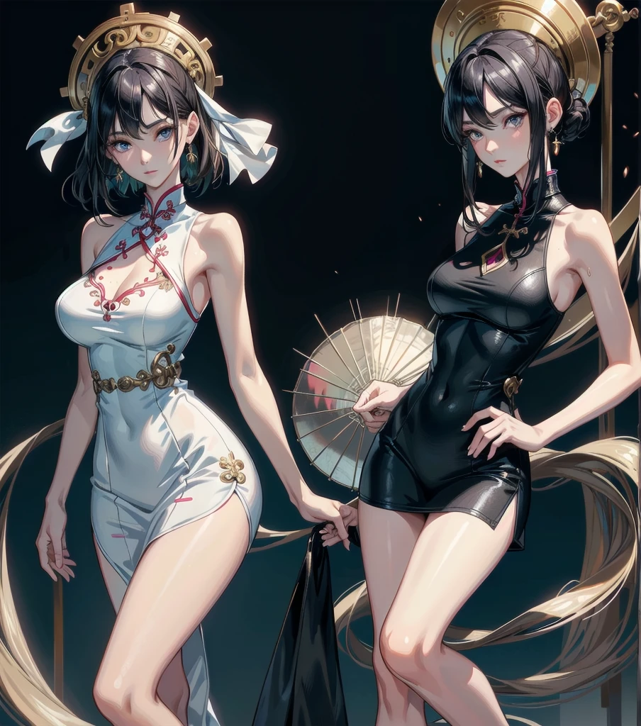 absurdres, RAW photo, extremely delicate and beautiful, masterpiece, Best Quality, ultra high resolution, 32k, hyperrealistic, ultra-detailed, perfect anatomy, super Detailed skin, perfect figure, Japanese woman, late 20s, very Slim body, narrow waist, very small head, handsome detailed woman, very detailed eyes and face, realistic face proportions, Stunning detailed eyes, Realistic beautiful face, very small face, Realistic small beautiful eyes, tearful mole, earring, beautiful and very thin legs, beautiful and very thin thighs, ((very huge round breasts)), medium hair, black hair, sweat, (full body shot), sleeveless, bare arms, bare legs, Collarbone, ((cheongsam)), outdoor,