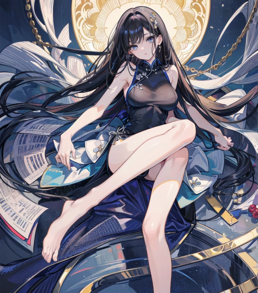 absurdres, RAW photo, extremely delicate and beautiful, masterpiece, Best Quality, ultra high resolution, 32k, hyperrealistic, ultra-detailed, perfect anatomy, super Detailed skin, perfect figure, Japanese woman, late 20s, very Slim body, narrow waist, very small head, handsome detailed woman, very detailed eyes and face, realistic face proportions, Stunning detailed eyes, Realistic beautiful face, very small face, Realistic small beautiful eyes, tearful mole, earring, beautiful and very thin legs, beautiful and very thin thighs, ((very huge round breasts)), medium hair, black hair, sweat, (full body shot), sleeveless, bare arms, bare legs, Collarbone, ((cheongsam)), outdoor,