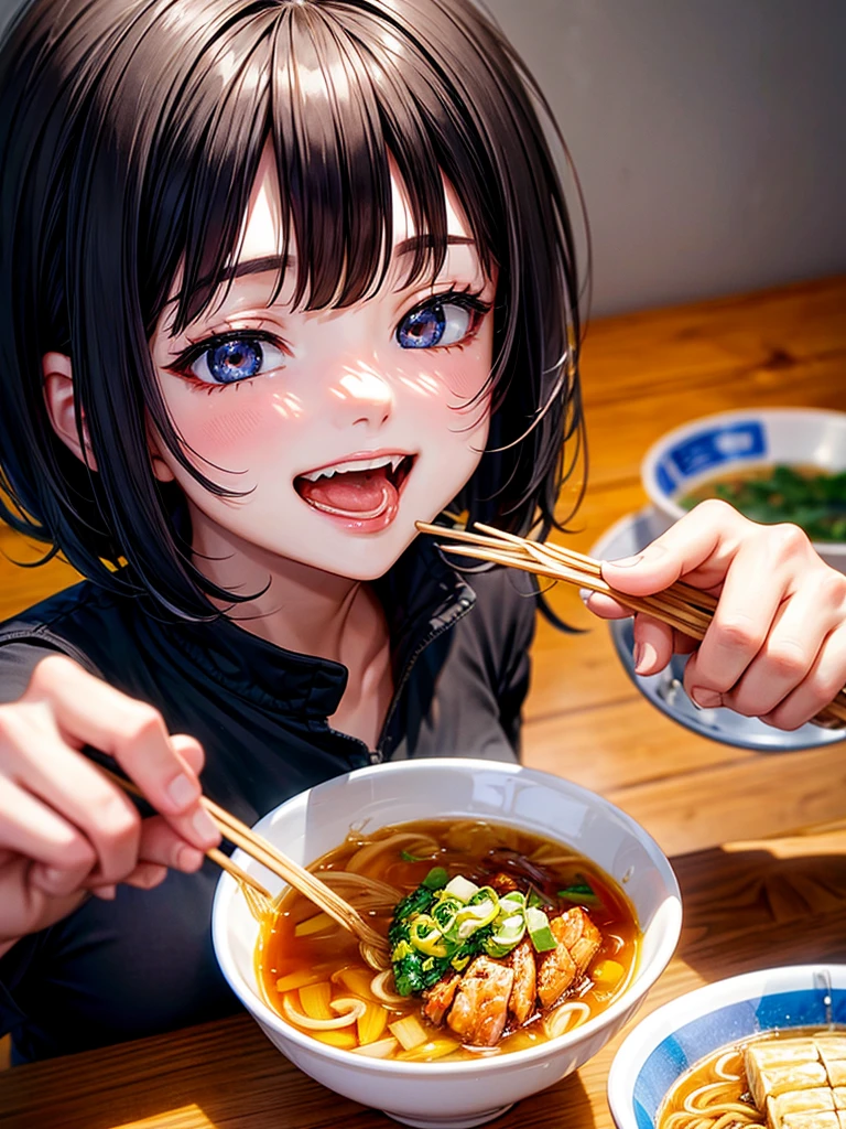 Highest Resolution,Highest quality,Smiling while looking at the ramen,Girl with open mouth and saliva dripping,Black short hair,up,