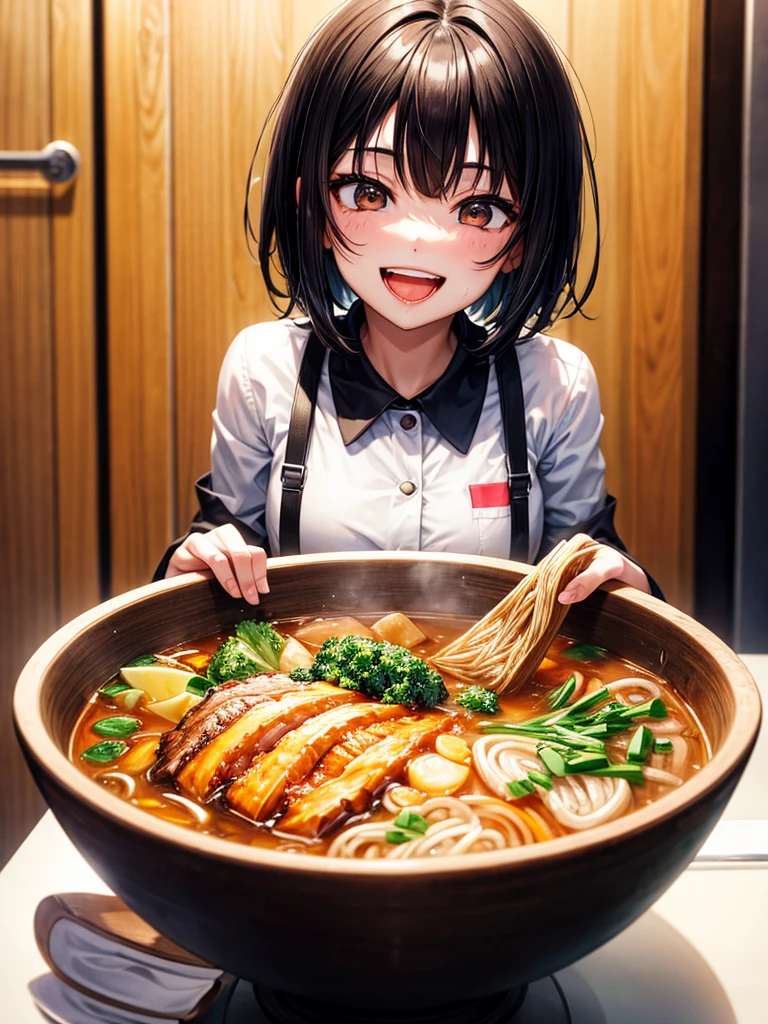 Highest Resolution,Highest quality,Smiling while looking at the ramen,Girl with open mouth and saliva dripping,Black short hair,up,