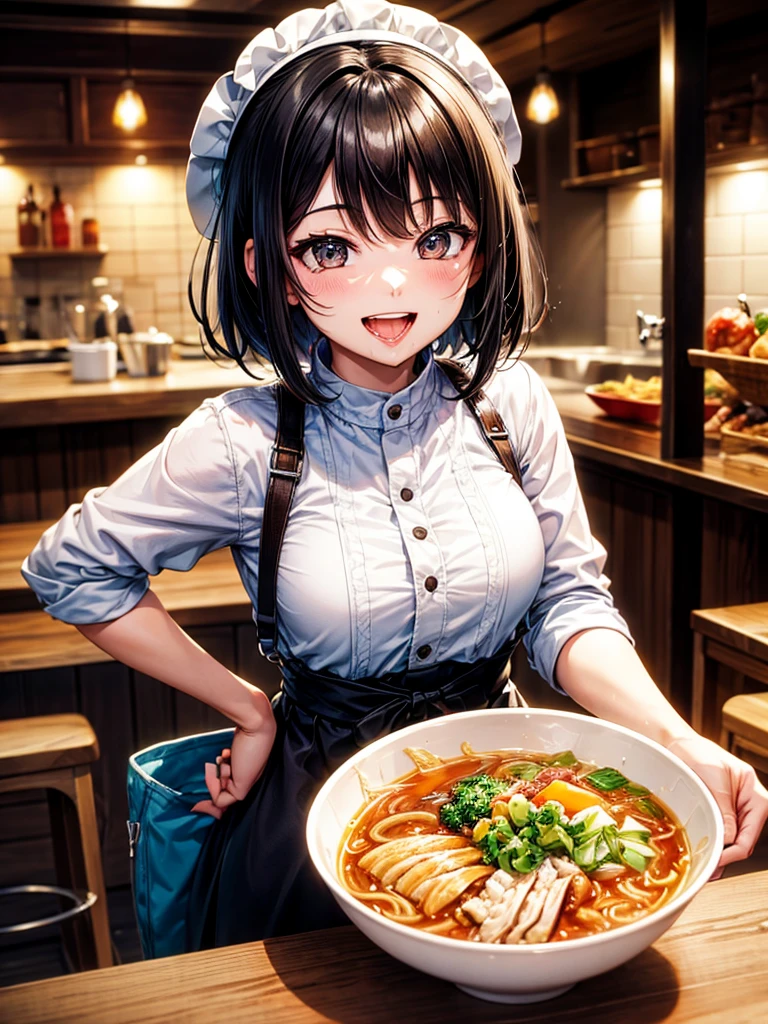 Highest Resolution,Highest quality,Smiling while looking at the ramen,Girl with open mouth and saliva dripping,Black short hair,up,