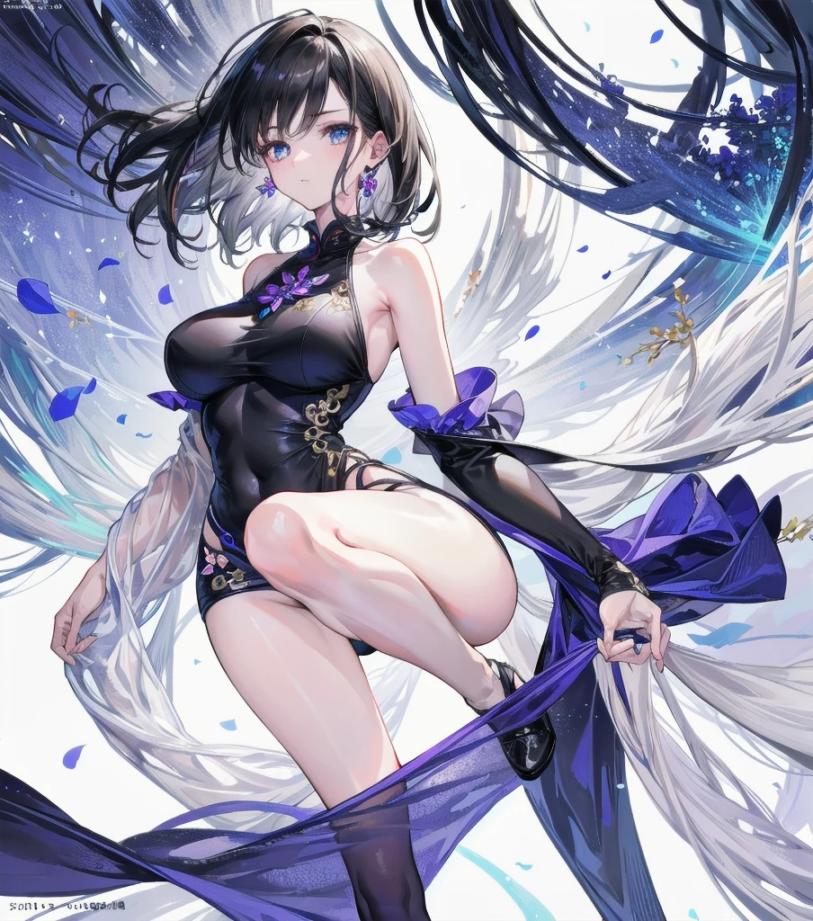 absurdres, RAW photo, extremely delicate and beautiful, masterpiece, Best Quality, ultra high resolution, 32k, hyperrealistic, ultra-detailed, perfect anatomy, super Detailed skin, perfect figure, Japanese woman, late 20s, very Slim body, narrow waist, very small head, handsome detailed woman, very detailed eyes and face, realistic face proportions, Stunning detailed eyes, Realistic beautiful face, very small face, Realistic small beautiful eyes, tearful mole, earring, beautiful and very thin legs, beautiful and very thin thighs, ((very huge round breasts)), medium hair, black hair, sweat, (full body shot), sleeveless, bare arms, bare legs, Collarbone, ((cheongsam)), outdoor,