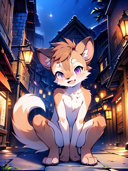 Civet cat, , cute, (alone), (((Has brown and white fur))), Big purple eyes, Blushing, smile, Open your mouth, walking, night, Ancient Asian cities, bright street lights, Blue and black slate road, Empty Streets, Starry Sky, Shadow, Detailed facial depiction, ((Accurate hand drawing)), レンブラントの光とShadow, Ultra-fine，Completely naked，Naked，Naked，Full nudity，Nude，Barely，Fully visible，Spread your legs and point your crotch，Embarrassing，Embarrassed look，On all fours，Put your hands and feet on the ground，Sit like a dog，Shake hands like a dog，Four-legged，Accurate hand and foot count，Face of Shame，first round，Fantasy，Anime-style depiction，Sexual Description，