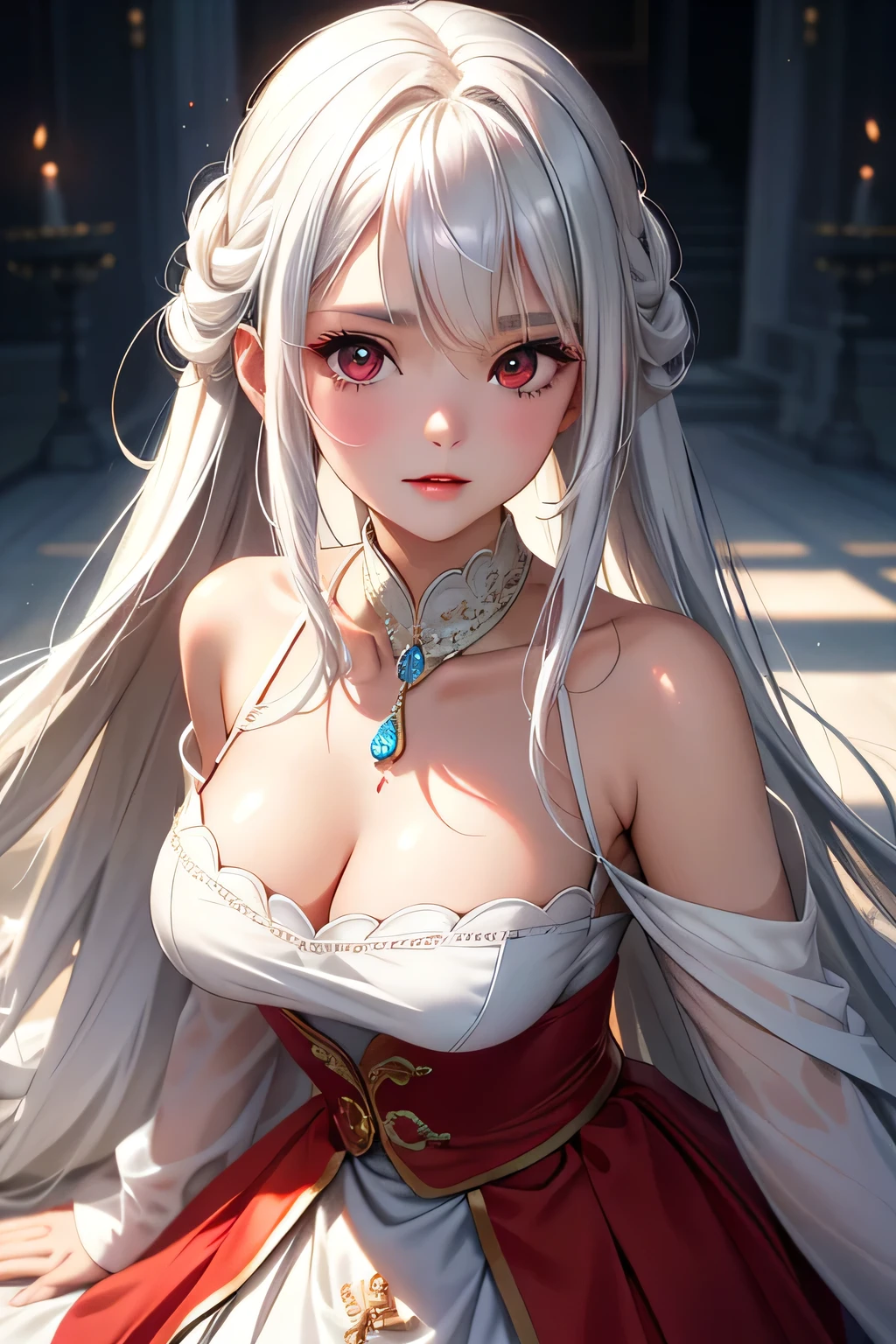 (best quality:1.1), (Masterpiece:1.2), Young woman, Shiny white hair, red eyes, long hair, ใบหน้าbeautiful, luxary dress, Medium breasts, beautiful, collarbone, open chest, Bright face,  Royal high, งานปาตี้ background, เครื่องประดับหรูหรา ((Highest quality, Best Performance, Maximum details, Light and shadow details:1.2, 4k details))