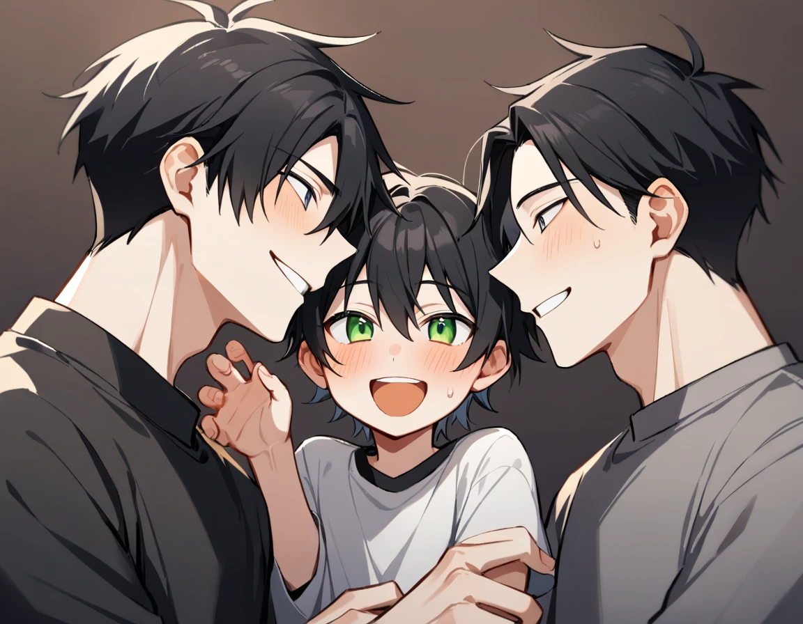 2 young men, Yaoi, family, 1 daughter, 2 twin sons, smile, short hair, black hair, green eyes, black hair, gray eyes , The best aesthetics , best quality, Amazing quality, The best aesthetics, nonsense,bright