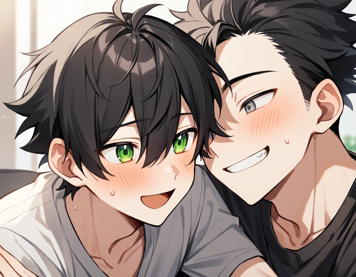 2 young men, Yaoi, family, 1 daughter, 2 twin sons, smile, short hair, black hair, green eyes, black hair, gray eyes , The best aesthetics , best quality, Amazing quality, The best aesthetics, nonsense,bright
