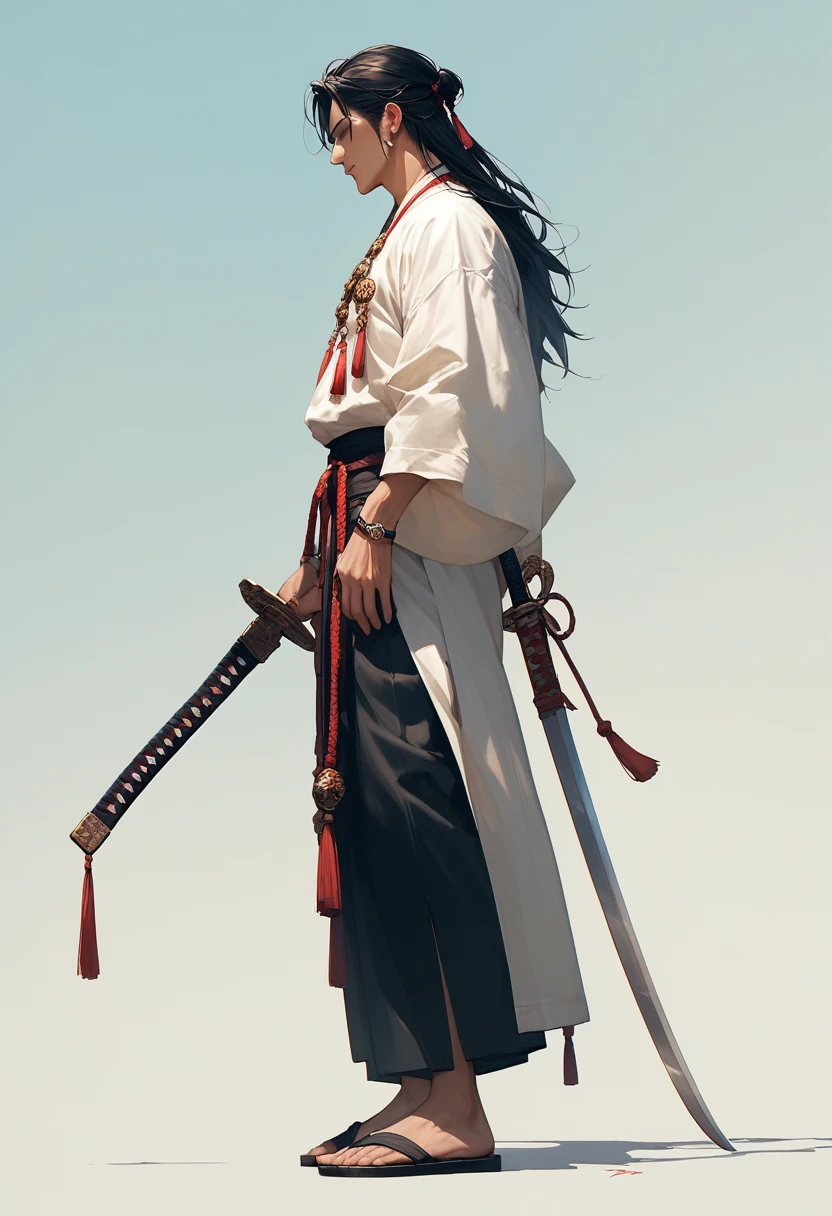 Ancient costume long hair man,Armed with a sword,Profile,full-body shot,Wide-angle ink painting style,