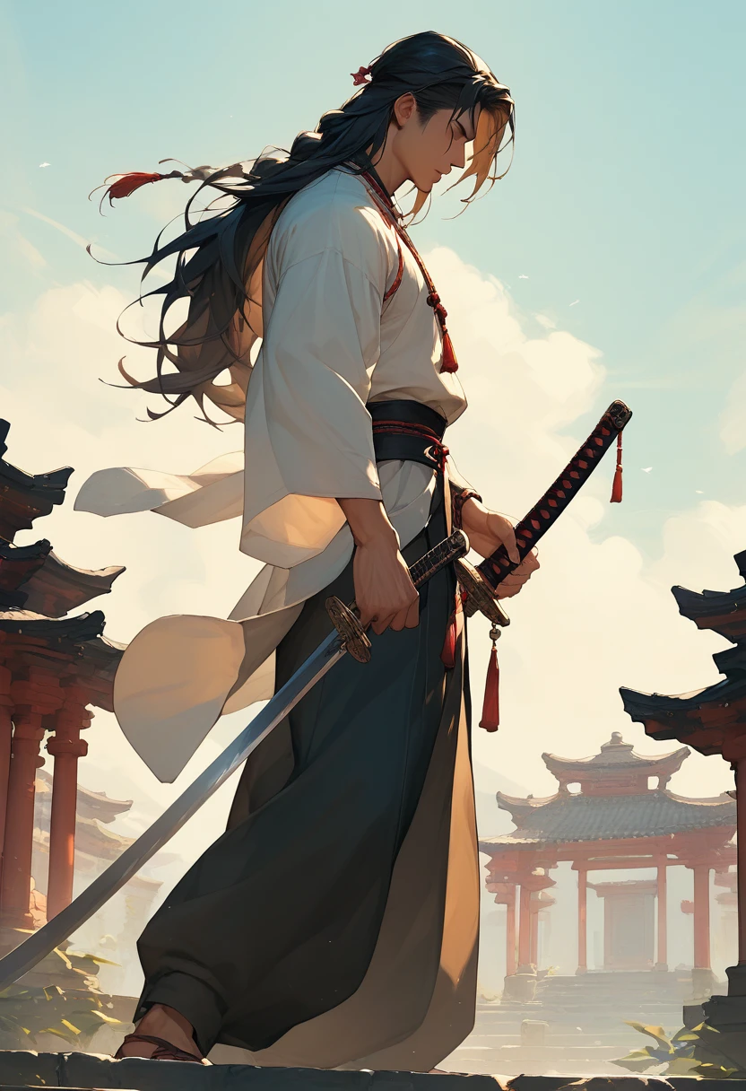 Ancient costume long hair man,Armed with a sword,Profile,full-body shot,Wide-angle ink painting style,