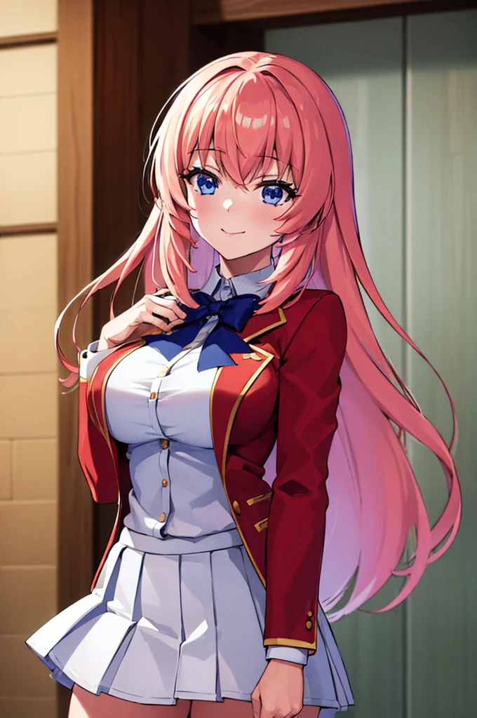 (masterpiece, best quality:1.5), (ultra detailed:1.4), super fine illustration, perfect anatomy, 8k portrait,
1girl,
Ichinose honami, 
Ichinose honami \(youjitsu\),
long hair, 
pink hair, 
blue eyes, smile, standing, 
blue bow, 
large breasts, 
red jacket, long sleeves, white skirt, pleated skirt, black calf socks, 
looking at viewer, 
upper body, 
perfect light, background of indoor, 