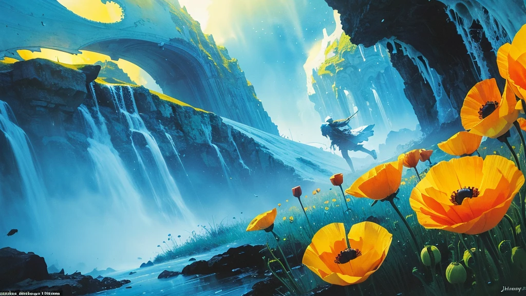32k, Masterpiece, Highest quality, One girl, Detailed eyes, flower,Iceland Poppy, Blue and yellow style,A dreamy, romantic piece,Pale yellow, Mysterious Leaves,A playful arrangement,Fantasy,High Contrast,Ink strokes,explosion,Exposure, Impression of blue and yellow tones,Abstract,((Watercolours by John Berkey and Jeremy Mann )) Brush strokes,Negative Space, Tyndall effect,