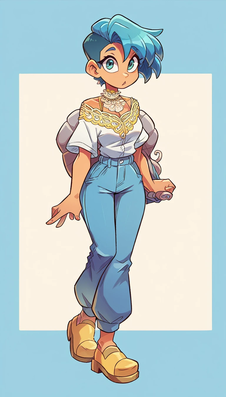  a cute aloha girl beautiful attraction big chest blue hair Caribbean short round cut wearing shell hair her bright blue eye she wears a white shirt yellow lace thread collar and her skirt long blue pants yellow heels 