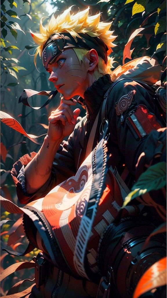 (best quality), (masterpiece), ultra-detailed, 1boy, uzumaki naruto, epic pose, action, particle effects, long sleeve, emphasis lines, movement lines, full body of naruto uzumaki, masterpiece, best quality, full detailed, 1boy, handsome, male, looking at viewer, naruto, Detailed blue eye,yellow hair, konoha realistic detail leaf headband, eye realistic, realistic eye brow, nose realistic, mouth realistic,skin realistic, face realistic, head realistic, body realistic, background art cinematic, backpack, big eye sharp, photorealistic, photoshoot, only three line in face, naruto uzumaki dress code. electricity , aura, conbat in the forest vs samurai 1.4 , combat in the forest bamboo