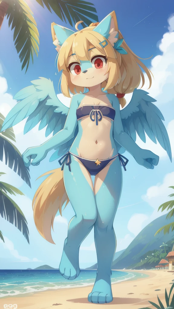 score_9,score_8_up,score_7_up, source_cartoon, source_furry, Furry girl, dog, wavy bangs, long wavy ponytail, blonde hair, red eyes, small breasts, detailed body fur, ((star hairpin, dark blue strapless fringed bandeau bikini, fringed bikini bottom)), blue feathered wings, masterpiece, looking at you, two tone body fur, turquoise body fur, clear turquoise body fur, detailed face, big eyebrows, detailed eyes, detailed body, detailed hands, glistering body, shiny body, skinny, :3, floppy dog ears, beach, clear sky, full body, feets with three toes,