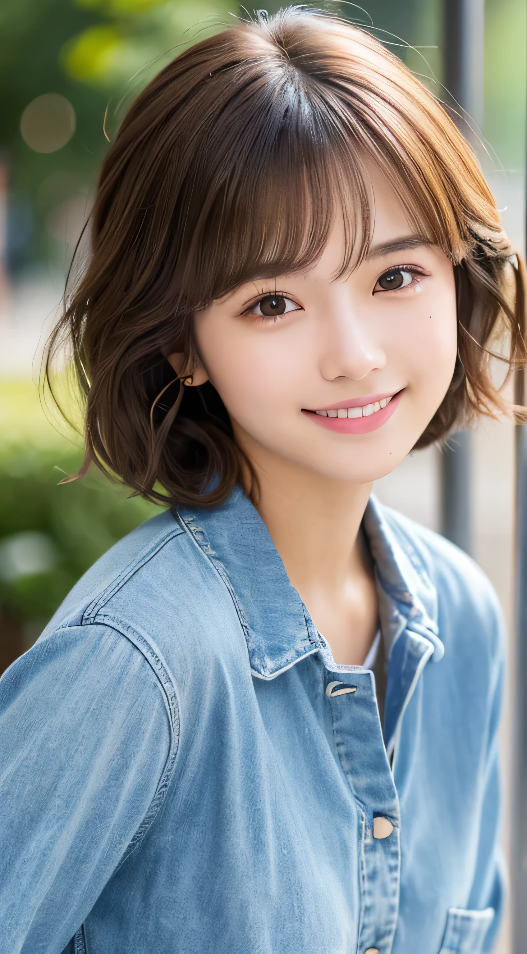 Happy smile seeing this、In the city、(highest quality,8K quality,masterpiece:1.3,),(超A high resolution:1.3,Photorealistic:1.4,Raw photo:1.2),(Ultra-detailed:1.2,Glowing Skin,Detailed skin:1.1),(Detailed face,Perfect Anatomy,Caustics:1.2),,1 girl,cute,Japanese,18-year-old,Japanese Ido,Natural brown hair,Curl short hair outward,cute目,Natural Makeup,bright casual clothes,Laughter,Looking into the camera,On the face,Face Focus,Professional Lighting,Natural soft light,