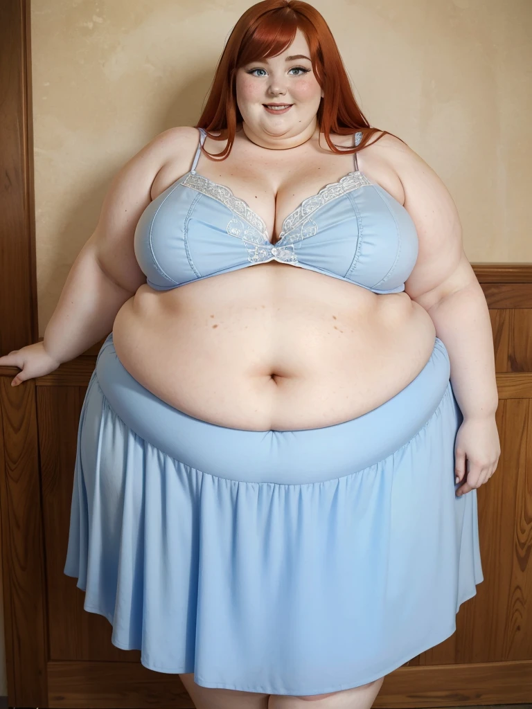 A Happy photo of a young beautiful redhead Ssbbw with soft fat belly, wide fat obese hips, thick fat legs and fat arms, cute double chin, small breasts, blue eyes, freckles, in a covering long dress