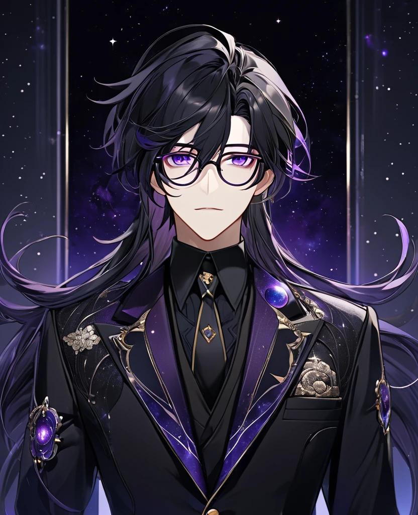(black_hair), (long_male_hair), (deep_purple_eyes), (detailed_eyes), (attractive), (emotionless), (Deep_space_background), (male), (wearing _a_black_suit), (long_male_hair), (detailed_Hair), (detailed), (detailed_mouth), (mysterious), (complicated), (wears_transparent_glasses), (glasses_shape_square)