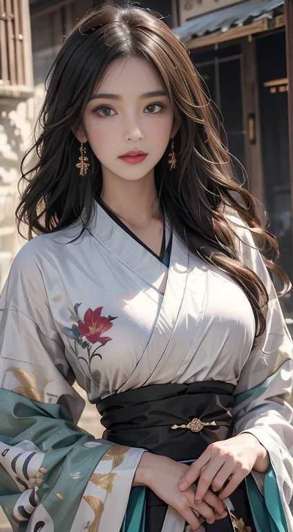 Historic Buildings in Japan、白いkimonoを着る、Unreal Engine:1.4,Hmph,Highest quality:1.4, Photorealista:1.4, Skin Texture:1.4, masterpiece:1.8, 1. Female, Lift your hips high, Beautiful Eyes, Long-haired, The eyes are round, gem, Tattoo, kimono