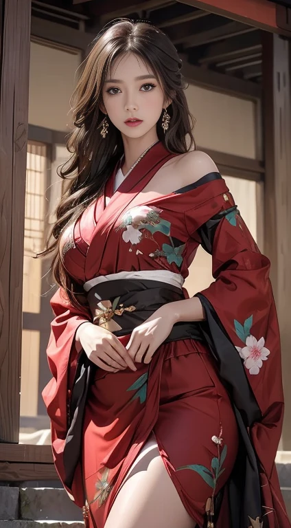 Historic Buildings in Japan、白いkimonoを着る、Unreal Engine:1.4,Hmph,Highest quality:1.4, Photorealista:1.4, Skin Texture:1.4, masterpiece:1.8, 1. Female, Lift your hips high, Beautiful Eyes, Long-haired, The eyes are round, gem, Tattoo, kimono