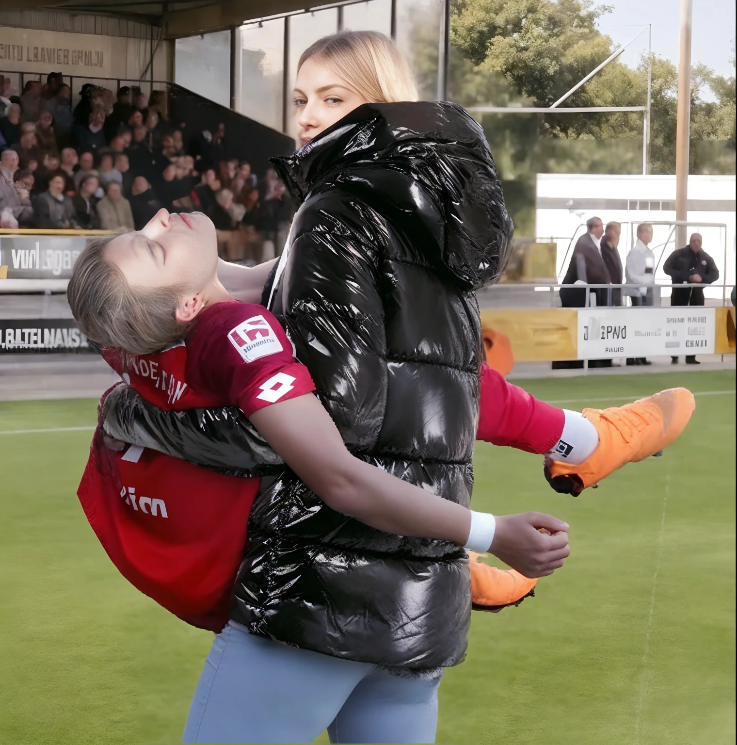 In the center of the picture stands with her back to us a blonde young woman in a very shiny black quilted coat, the woman in the black quilted coat stands on the playing field of a crowded sports hall, the woman in the shiny quilted coat turns her back to us and is holding a man in front of her in short and very dull sportswear in her arms, the blonde woman in the quilted coat carries an injured athlete away from us, to the left of the blonde woman's back you can see the athlete's male legs hanging over the woman's arm, to the right of the blonde woman's back you can see In profile you can see the upper body and head of the injured man whose gaze is distorted in pain and directed upwards towards the ceiling, the athlete's husband on the right grabs the blonde woman's shoulder with his arm, very painful scene, sports injury, severe pain, a woman is carrying one man on the arm, a man is injured and has to be carried, compassion, photo, ultra-realistic shot, sports photography
