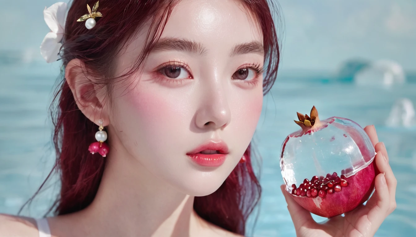 Summer Pomegranate Girl，Dopamine teenage， Cool summer days，Ice cubes，The watery girl，Delicate skin，Hydration，Shiny，Shiny，dream，Front view，bust，pearl，Pomegranate fruit