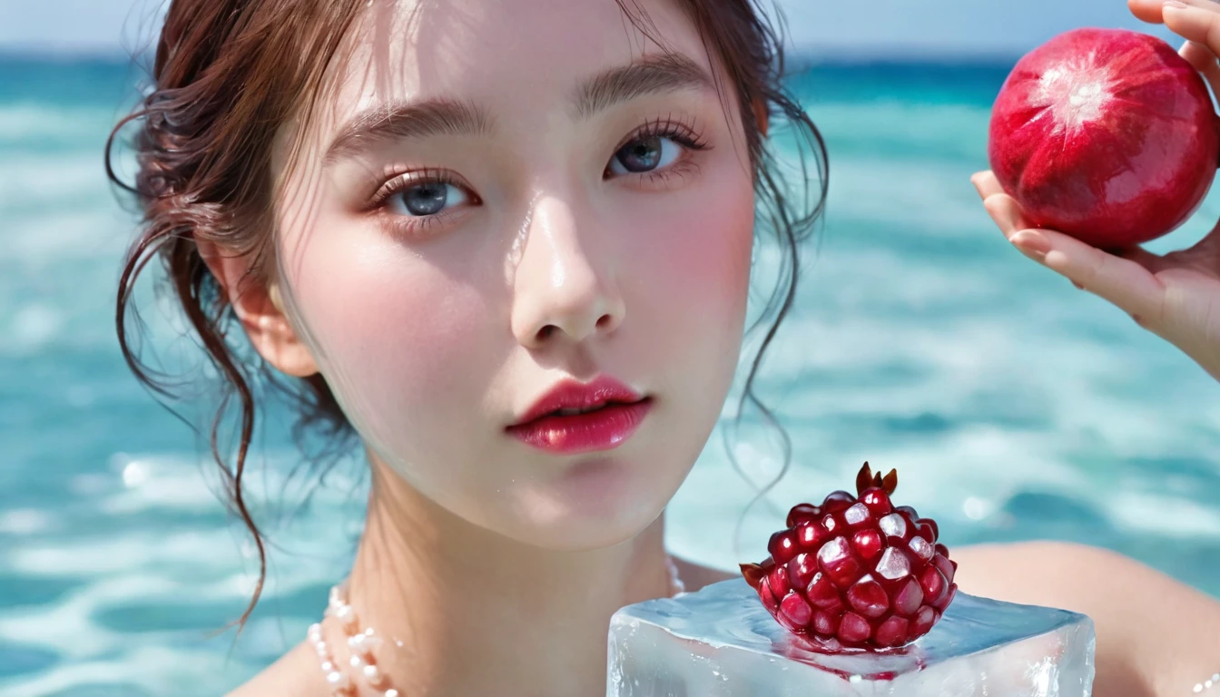 Summer Pomegranate Girl,Dopamine teenage, Cool summer days,Ice cubes,The watery girl,Delicate skin,Hydration,Shiny,Shiny,dream,Front view,bust,pearl,Pomegranate fruit