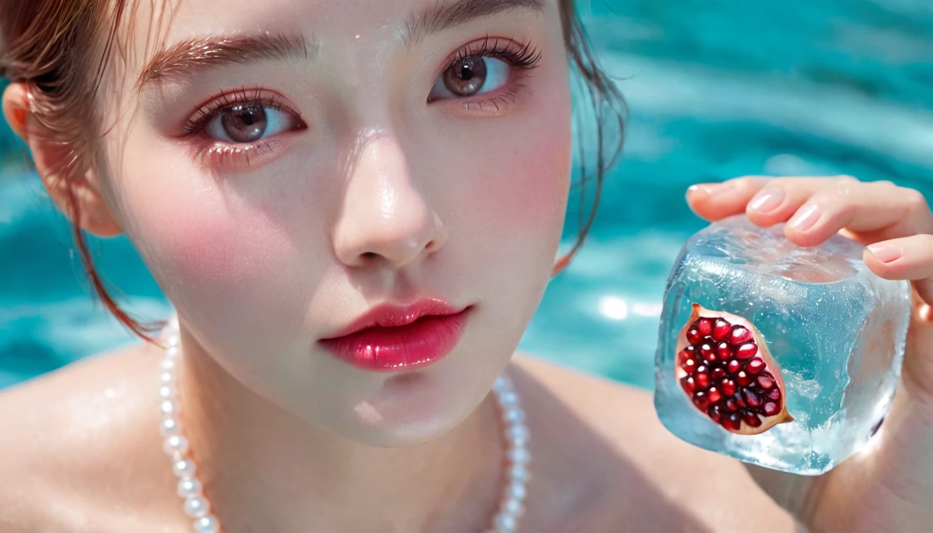 Summer Pomegranate Girl，Dopamine teenage， Cool summer days，Ice cubes，The watery girl，Delicate skin，Hydration，Shiny，Shiny，dream，Front view，bust，pearl，Pomegranate fruit