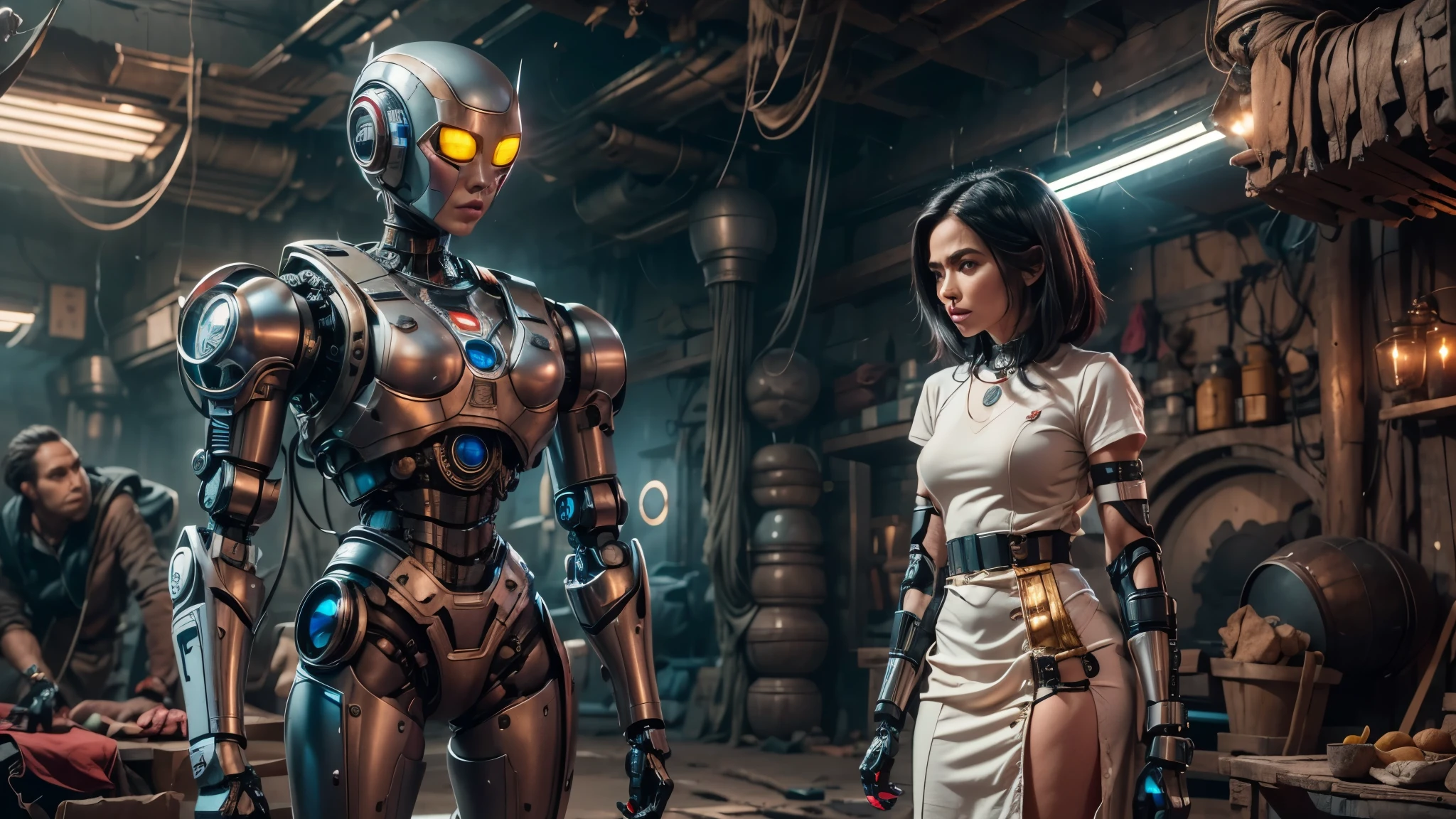 there are two robots that are standing next to each other, machines and futurist robots, death and robots, robot cyborgs, dieselpunk cyborgs, cyber steampunk 8 k 3 d, humanoid robots, still from alita, movie still of aztec cyborg, futuristic robots, from a 2 0 1 9 sci fi 8 k movie  